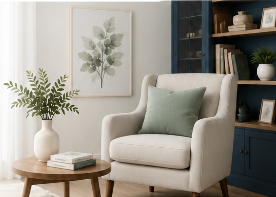 Calm consultation room with a cream chair, greenery, artwork, and navy cabinetry.
